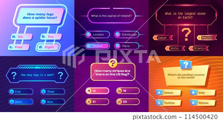 Quiz game ui. Game show template with question and answer, challenge exam with multiple choice, game show concept. Vector infographic 114500420