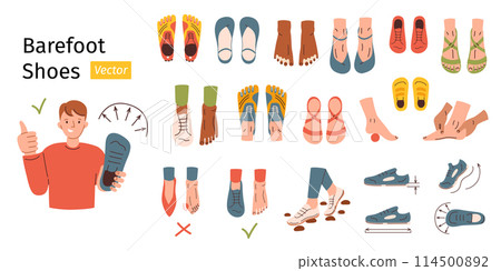 Barefoot shoes collection, man showing anatomic footwear, doodle icons of sandals, boots and sneakers, vector illustrations of minimalist shoes, cartoon character feet, thin flexible sole, infographic Barefoot shoes collection, man showing anatomic footwear, doodle icons of sandals, boots and sneakers, vector illustrations of minimalist shoes, cartoon character feet, thin flexible sole, infographic 114500892
