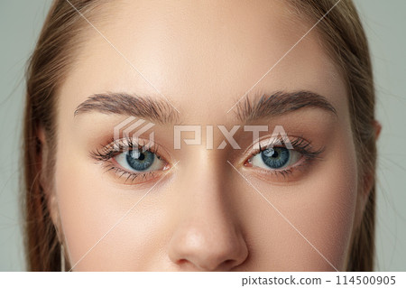 Close Up of Womans Face With Blue Eyes Close Up of Womans Face With Blue Eyes 114500905