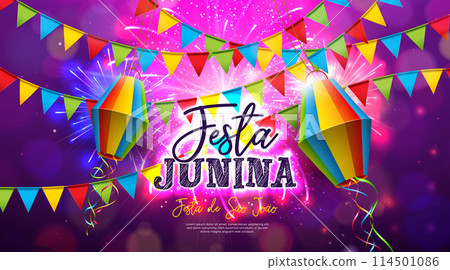 Festa Junina Illustration with Colorful Party Flags and Paper Lantern on Firework Background. Vector Brazil Traditional June Sao Joao Festival Design for Banner, Greeting Card, Invitation or Holiday 114501086