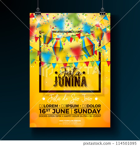 Festa Junina Party Flyer Design with Flags, Paper Lantern and Typography Design on Yellow Background. Vector Brazil June Festival Illustration for Celebration Poster or Holiday Invitation. Traditional 114501095