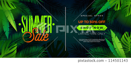 Summer Sale Design with Palm Leaces and Typography Lettering on Dark Green Background. Tropical Floral Vector Illustration with Special Offer Text Label for Coupon, Voucher, Banner, Flyer, Promotional Summer Sale Design with Palm Leaces and Typography Lettering on Dark Green Background. Tropical Floral Vector Illustration with Special Offer Text Label for Coupon, Voucher, Banner, Flyer, Promotional 114501143