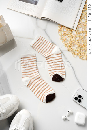 Composition with stylish socks on white background Composition with stylish socks on white background 114501150