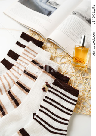 Composition with stylish socks on white background Composition with stylish socks on white background 114501192