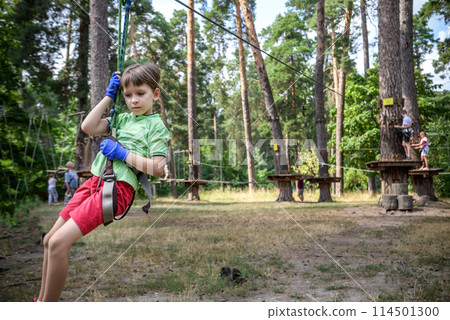 Strong excited young boy playing outdoors in rope park. Caucasian child dressed in casual clothes and sneakers at warm sunny day. Active leisure time with children concept 114501300