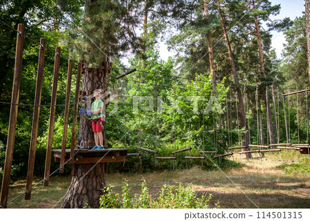 Strong excited young boy playing outdoors in rope park. Caucasian child dressed in casual clothes and sneakers at warm sunny day. Active leisure time with children concept Strong excited young boy playing outdoors in rope park. Caucasian child dressed in casual clothes and sneakers at warm sunny day. Active leisure time with children concept 114501315