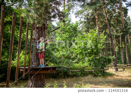 Strong excited young boy playing outdoors in rope park. Caucasian child dressed in casual clothes and sneakers at warm sunny day. Active leisure time with children concept Strong excited young boy playing outdoors in rope park. Caucasian child dressed in casual clothes and sneakers at warm sunny day. Active leisure time with children concept 114501316
