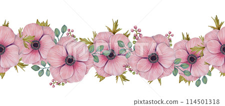 Seamless border with pink anemone flowers, petals and berries. Illustration with watercolor and marker. Hand drawn isolated art. Botanical background for wedding invitations, cards. Birthday frame. 114501318