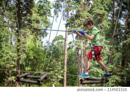 Strong excited young boy playing outdoors in rope park. Caucasian child dressed in casual clothes and sneakers at warm sunny day. Active leisure time with children concept Strong excited young boy playing outdoors in rope park. Caucasian child dressed in casual clothes and sneakers at warm sunny day. Active leisure time with children concept 114501320