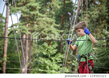 Strong excited young boy playing outdoors in rope park. Caucasian child dressed in casual clothes and sneakers at warm sunny day. Active leisure time with children concept Strong excited young boy playing outdoors in rope park. Caucasian child dressed in casual clothes and sneakers at warm sunny day. Active leisure time with children concept 114501321