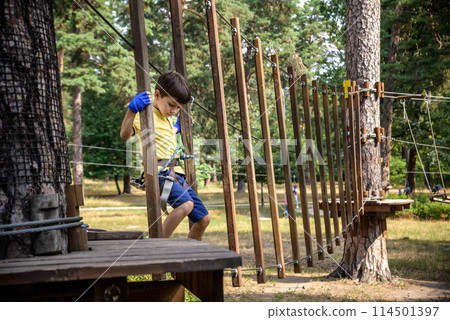 Strong excited young boy playing outdoors in rope park. Caucasian child dressed in casual clothes and sneakers at warm sunny day. Active leisure time with children concept Strong excited young boy playing outdoors in rope park. Caucasian child dressed in casual clothes and sneakers at warm sunny day. Active leisure time with children concept 114501397
