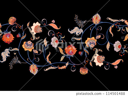 Fantasy flowers in retro, vintage, jacobean embroidery style. Fantasy flowers in retro, vintage, jacobean embroidery style. 114501488