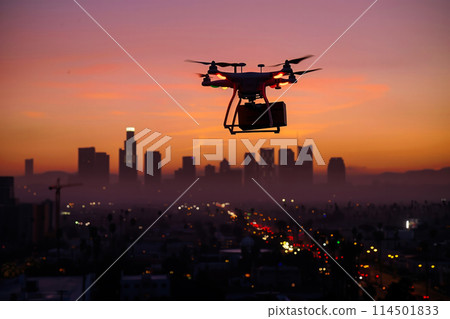 Drone delivery in urban sunset skyline 114501833