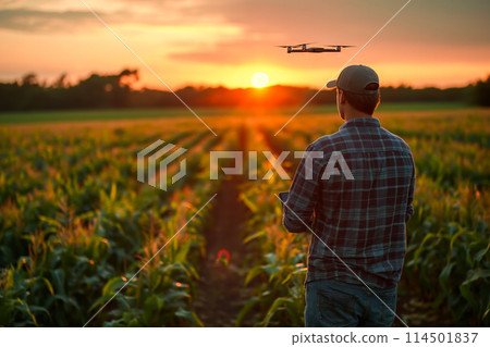 Farmer controlling drone over cornfield at sunset 114501837