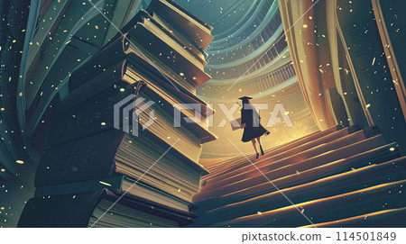 graduate student climbs stairs made of huge books 114501849