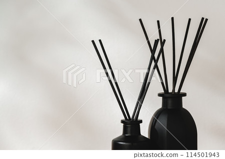 Minimalist Aromatic Reed Diffusers on a Wooden Surface Against a Soft Background Minimalist Aromatic Reed Diffusers on a Wooden Surface Against a Soft Background 114501943