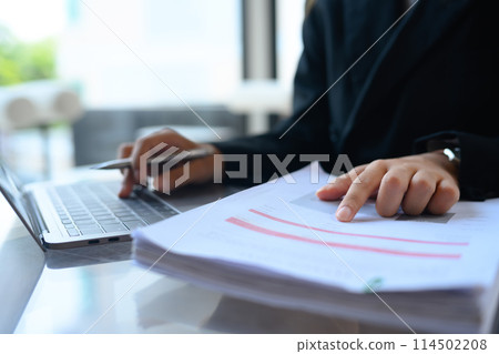 Female accountant working with financial reports and using laptop at desk 114502208