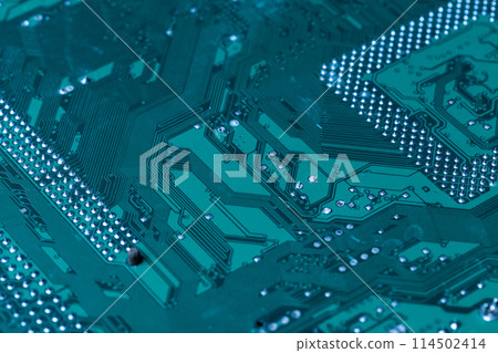 Close up of a printed green computer circuit board Close up of a printed green computer circuit board 114502414