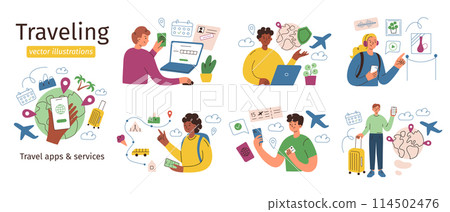 Traveling vector compositions, tourists planning trip, buying tickets, booking hotel, set of characters using travel apps, cartoon scenes with travelers, illustrations of vacation situations 114502476
