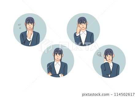 Thinking, arms folded, worried, pondering female business person, line drawing icon style 114502617