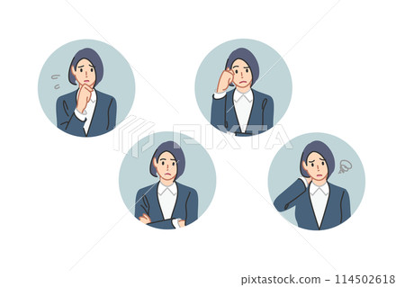 Thinking, arms folded, worried, pondering female business person, line drawing icon style 114502618