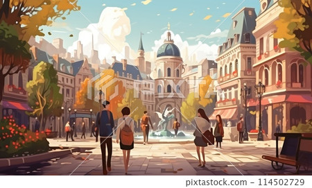 Historic city exploration cartoon illustration - Generative AI. Historic, building, city, people. Historic city exploration cartoon illustration - Generative AI. Historic, building, city, people. 114502729