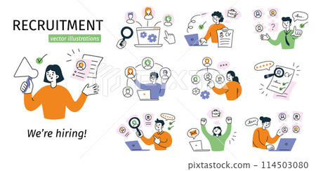 Recruitment scenes set, human resources compositions with cartoon characters, hr collection, we are hiring, vector illustrations of job interview, team management, candidates for work vacancy 114503080