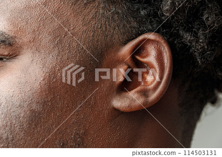 Close-Up View of African Mans Hair and Ear Against a Grey Background Close-Up View of African Mans Hair and Ear Against a Grey Background 114503131