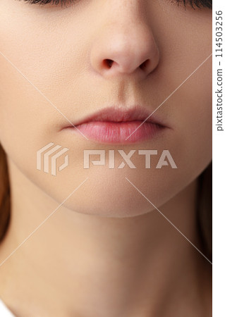 Close up of a young woman with nude make up Close up of a young woman with nude make up 114503256
