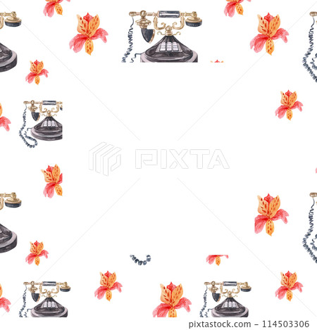 Watercolor frame with vintage telephones and vintage watercolor alstroemeria flowers. Retro pattern drawn by hand. Watercolor frame with vintage telephones and vintage watercolor alstroemeria flowers. Retro pattern drawn by hand. 114503306