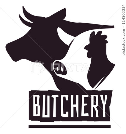 Butcher logo. Logotype design with black silhouettes, cow pig and rooster, animal portrait. Meat barbecue packaging emblem, shop badge. Premium quality product. Isolated vector illustration Butcher logo. Logotype design with black silhouettes, cow pig and rooster, animal portrait. Meat barbecue packaging emblem, shop badge. Premium quality product. Isolated vector illustration 114503334