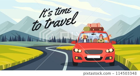 Happy couple with pet driving in car. Family and dog going to nature, people traveling by private transport, front view. Banner or card design. Cartoon flat isolated tidy vector concept Happy couple with pet driving in car. Family and dog going to nature, people traveling by private transport, front view. Banner or card design. Cartoon flat isolated tidy vector concept 114503348