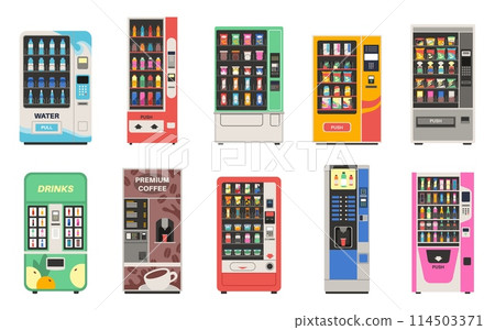 Vending snack machine. Automatic vendor for food sale, drinks, chocolates, sandwiches and chips assortment, selling service, fresh coffee and clean water cartoon flat isolated tidy vector set 114503371