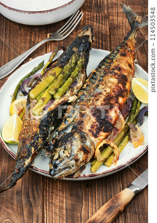 Roasted mackerel with asparagus. Roasted mackerel with asparagus. 114503548