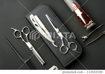 Tools for barbershop on black background studio shot 114503599