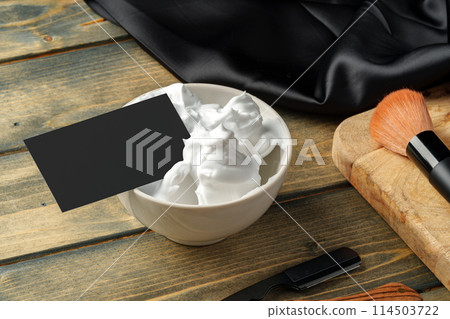 Set of professional barber tools on wooden table Set of professional barber tools on wooden table 114503722