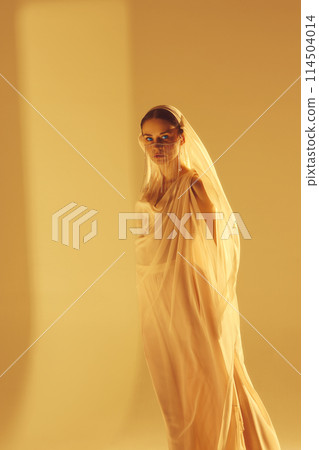 Muse. Beautiful young woman in flowing light fabric with face covered with golden accessories standing against sand color background 114504014