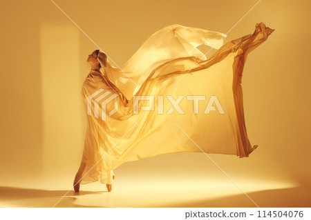 Dance of light. Artistic female ballet dancer in flowing golden dress making creative graceful performance against sand color background Dance of light. Artistic female ballet dancer in flowing golden dress making creative graceful performance against sand color background 114504076