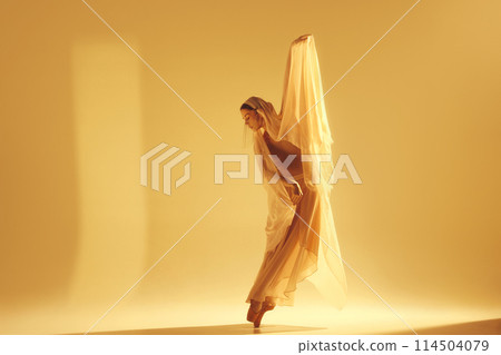 Dance of light. Artistic female ballet dancer in flowing golden dress making creative graceful performance against sand color background Dance of light. Artistic female ballet dancer in flowing golden dress making creative graceful performance against sand color background 114504079