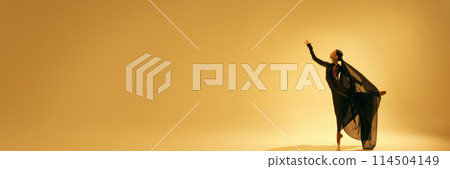 Flow and grace of dancer movements. Elegant artistic woman, ballet dancer making creative performance against sand color background 114504149