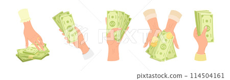 Hand Holding Money with Dollar Banknote and Coins Vector Set Hand Holding Money with Dollar Banknote and Coins Vector Set 114504161