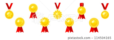 Golden Award or Distinction with Red Silk Ribbon as Token of Recognition of Excellence Vector Set 114504165