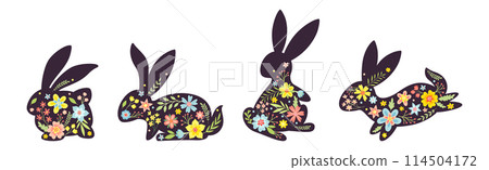 Black Bunny Silhouette with Spring Flowers Vector Set Black Bunny Silhouette with Spring Flowers Vector Set 114504172
