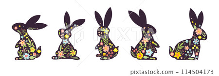 Black Bunny Silhouette with Spring Flowers Vector Set 114504173