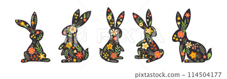 Black Bunny Silhouette with Spring Flowers Vector Set Black Bunny Silhouette with Spring Flowers Vector Set 114504177