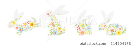 White Bunny Silhouette with Spring Flowers Vector Set White Bunny Silhouette with Spring Flowers Vector Set 114504178