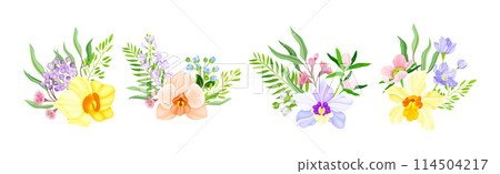 Exotic Bouquet of Orchid and Blooming Twig Vector Set 114504217
