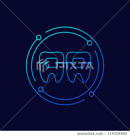 braces icon with teeth, linear design 114504408