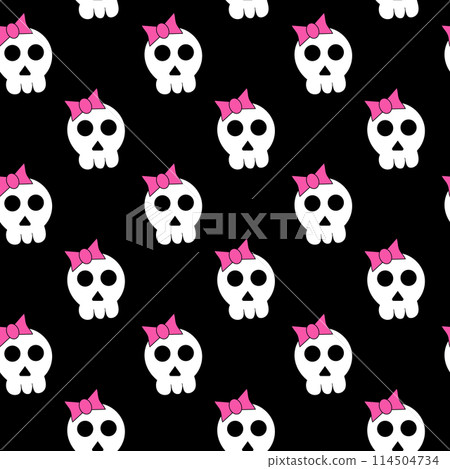 Seamless Emo Pattern. Cute skull with bow. Y2k style. Black and pink. 2000s design. Vector flat illustration. 114504734