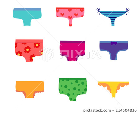 Set of women panties, underwear types string, thong, tanga, bikini. Cheeky, hipster, classic brief, slip, retro high waist or slimming underclothing collection. Cartoon Flat vector illustration. Set of women panties, underwear types string, thong, tanga, bikini. Cheeky, hipster, classic brief, slip, retro high waist or slimming underclothing collection. Cartoon Flat vector illustration. 114504836